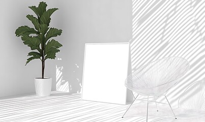 A modern interior design with a potted plant and chair
