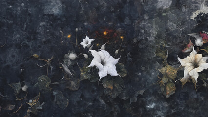 A white flower with five petals, surrounded by dried leaves and glowing lights, set against a dark, textured background.
