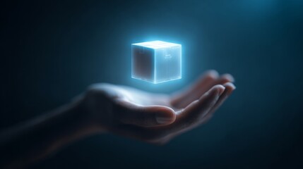 A glowing cube held delicately in a hand, showcasing innovation and digital technology.