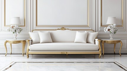 Elegant white and gold living room with a classic sofa, side tables, lamps, floral decor, and ornate wall paneling.