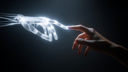 Obraz premium A glowing robotic hand and human hand reaching toward each other, symbolizing connection.