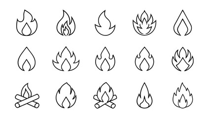 fire flat line icons  flames  flame of various shapes.