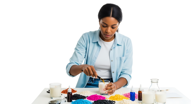 Woman Making Candles Adding Scent in a Bright Studio