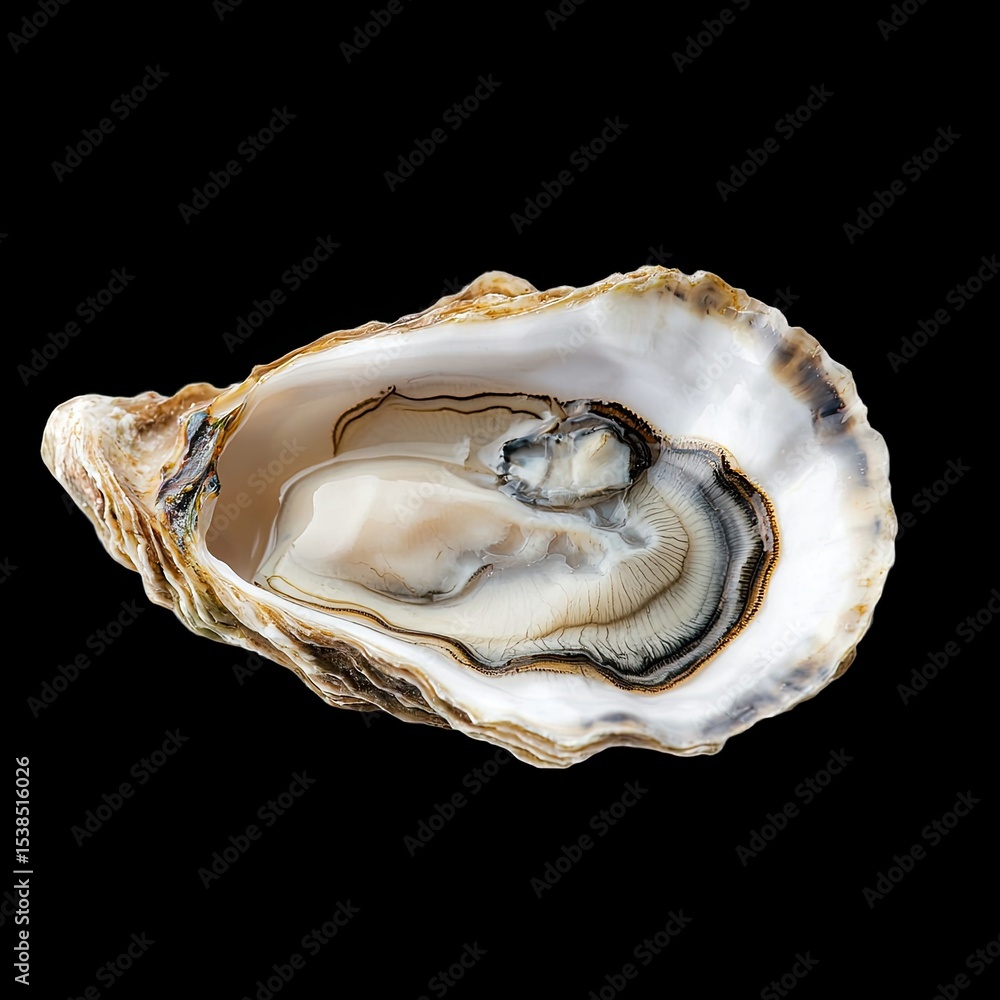 Poster beautiful open oyster shell on black background displaying texture