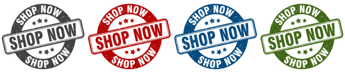 shop now stamp. shop now round stamp set isolated on white background