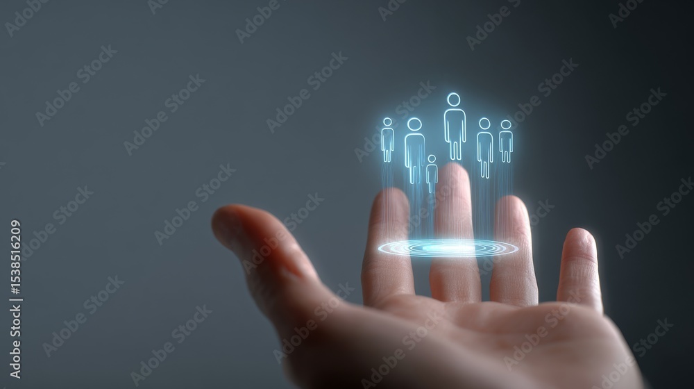 Poster a hand displaying holographic figures representing digital connection and innovation.