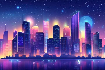 Futuristic city skyline illuminated under a starry night sky with vibrant colors reflecting on the water