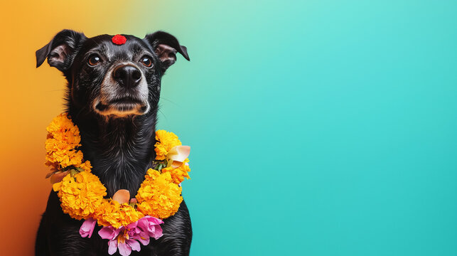 Black Dog Adorned With Marigold Garland and Red Tika for Kukur Tihar, Placed on Corner Against Vibrant Gradient Background With Empty Space for Text, Honoring Loyalty in Hindu Festival of Tihar