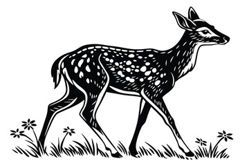 Spotted black and white deer stands amidst grass and flowers looking right