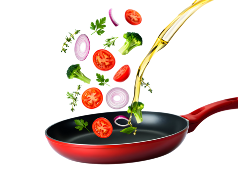 Oil pouring into the pan on transparent background , no backgroundd 