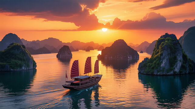 A dramatic sunset photograph of Halong Bay, Vietnam, featuring a traditional wooden junk boat with red and white sails centered in the frame.