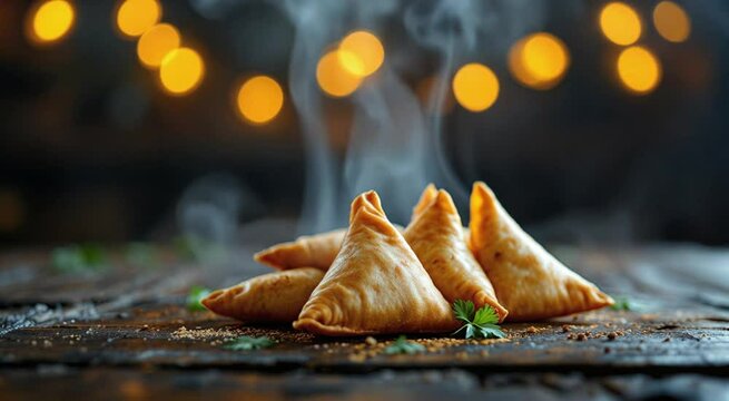 Delicious golden samosas on a rustic wooden surface with warm bokeh lights