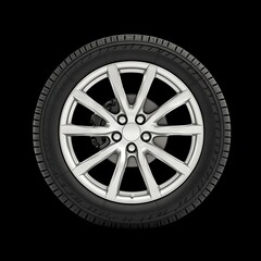 Obraz premium Silver Alloy Wheel with Tire on Black Background for Automotive Themes