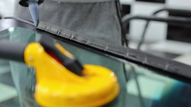 Worker applies special adhesive sealant to windscreen before installation on auto.