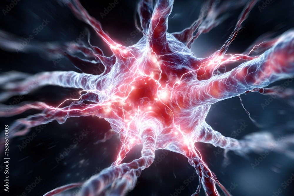 Poster neural connections illuminated in a digital artwork showcasing cellular activity and interaction
