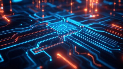 Obraz premium Futuristic neon glowing blue circuit board in computer showing digital technology, data transmission, and modern electronic hardware design