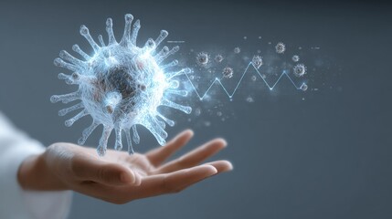 A hand holding a digital representation of a virus with data visualization elements.