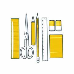 Yellow stationery supplies including scissors, ruler, and markers  