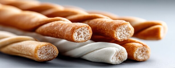Close-up of assorted twisted breadsticks with different textures and colors on a grey surface.