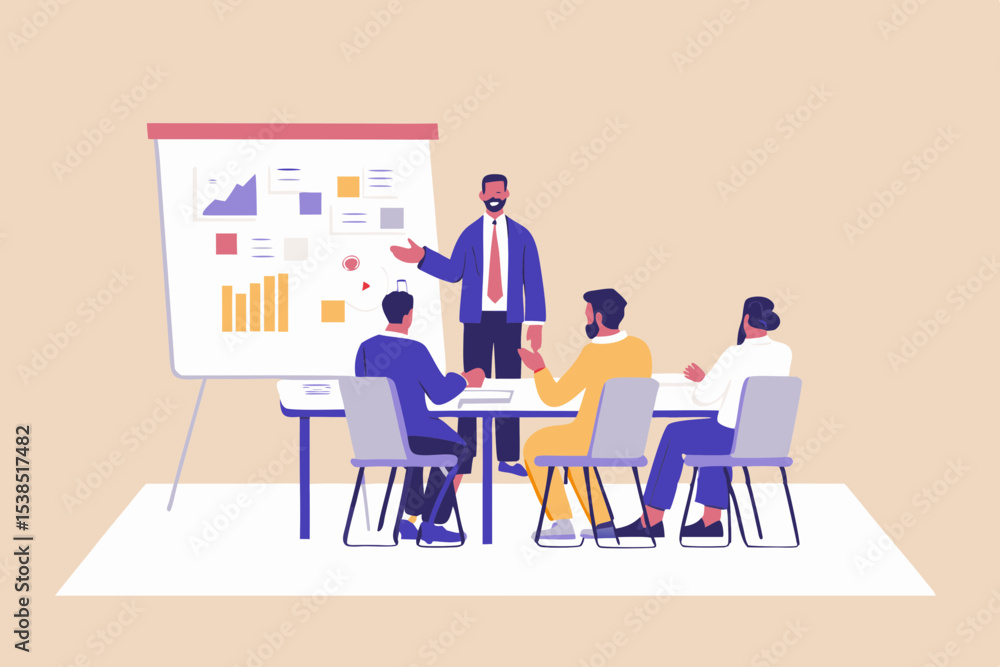 Poster business presentation with diverse team analyzing data charts on flip chart discussing strategy and 