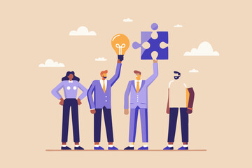 Teamwork and Collaboration Business People with Lightbulb and Puzzle Piece Symbolizing Innovation Problem Solving and Strategic Thinking in a Corporate