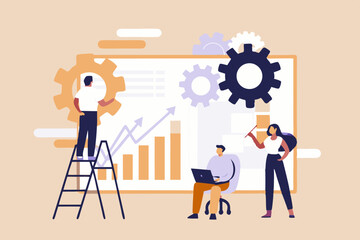 Teamwork and business strategy concept with people working together to improve business performance and achieve goals vector illustration for presentations