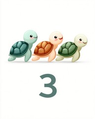 Naklejka premium Three cute cartoon turtles in different colors standing above the number 3.