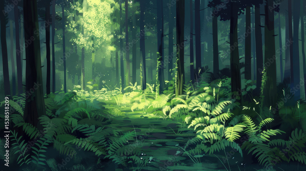 Poster serene dense fern forest with cool green tones and soft light filtering through trees creates tranqu