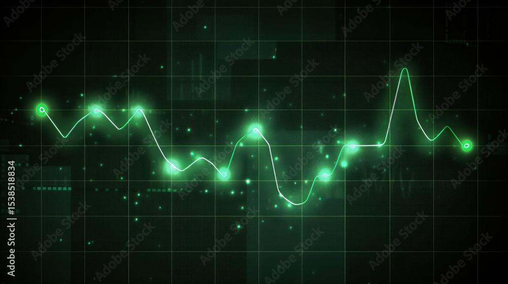Poster green line graph on dark grid background, showcasing data trends with glowing points, conveying sens
