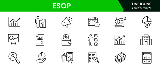 Strategic vector web line icons depicting ESOP, employee ownership, stock plans, benefits, and financial empowerment for workforce engagement.
