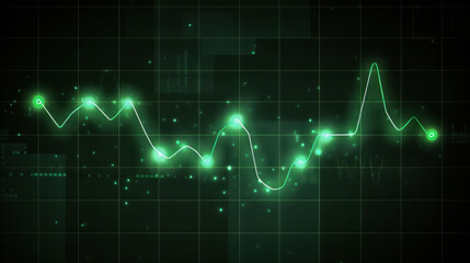Fototapeta premium Green line graph on dark grid background, showcasing data trends with glowing points, conveying sense of analysis and technology
