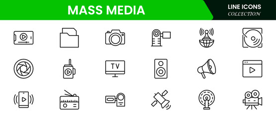 Dynamic vector web line icons depicting mass media, journalism, broadcasting, news, television, and digital communication for global information sharing.