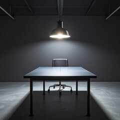Dark Interrogation Room with Hanging Lamp and Metal Table