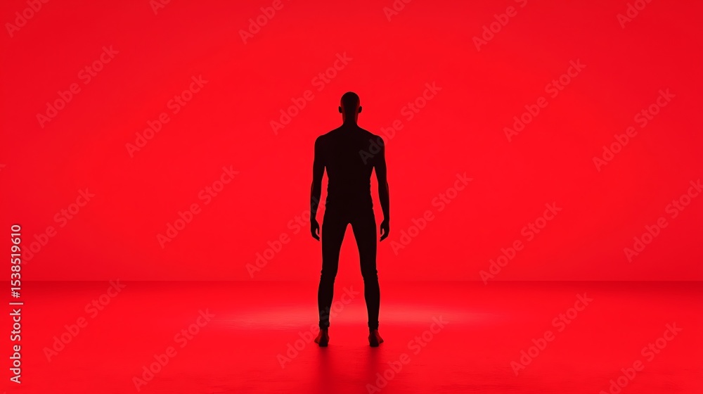 Poster a silhouette of a person stands centered on a red-lit stage, creating a dramatic and minimalist visu