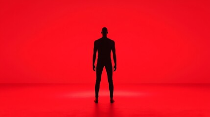 A silhouette of a person stands centered on a red-lit stage, creating a dramatic and minimalist visual effect.