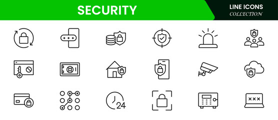 Robust vector web line icons depicting security, cybersecurity, locks, encryption, protection, and safe digital environments for user confidence.