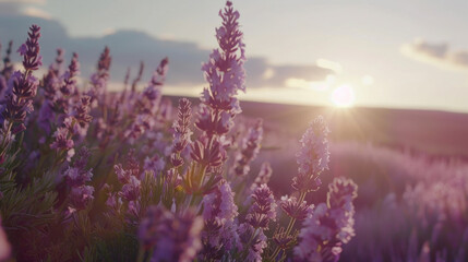 Fototapeta premium Lavender flowers bloom in serene field, showcasing vibrant purple hues under soft sunset glow, creating tranquil atmosphere