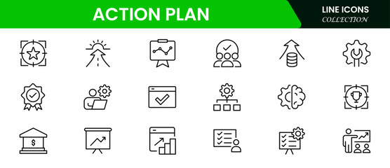 Strategic vector web line icons depicting action plans, goals, timelines, tasks, and organized workflows for effective project execution.