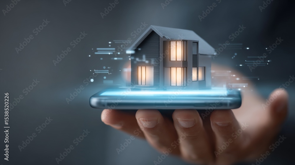 Poster a hand holding a smartphone displaying a floating 3d model of a house.