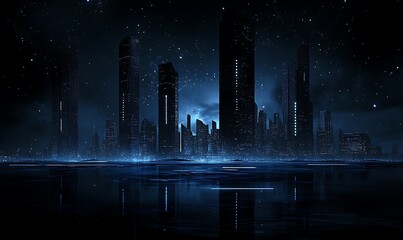 A futuristic cityscape reflects in a dark and starry expanse