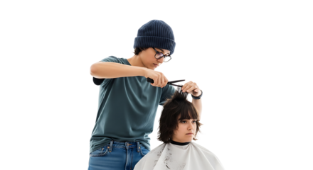 Haircut in progress stylist cutting woman's hair
