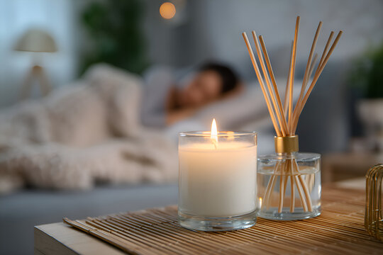 Burning candle and reed diffuser creating relaxing atmosphere in bedroom
