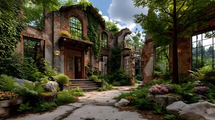 Forgotten factory overgrown with greenery high resolution picture