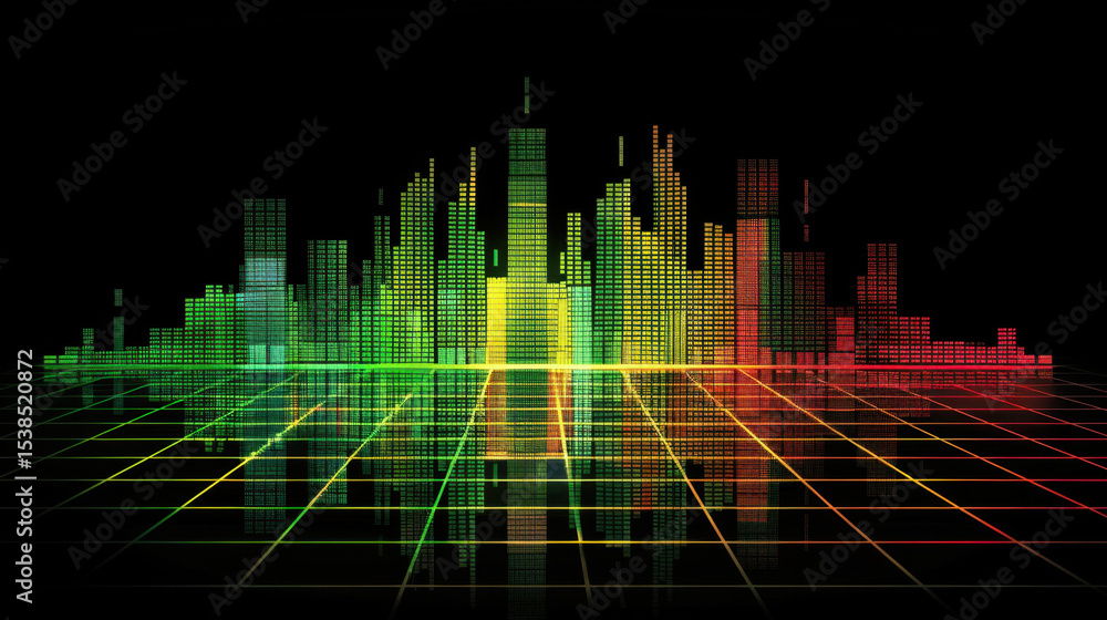 Poster colorful digital sound wave pattern with glowing bars representing data visualization and audio freq