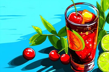 A refreshing, cocktail in a tall glass filled with ice, bright red cherries and zesty lime slices against a vibrant blue background-perfect for summer promotions and beverage branding.
