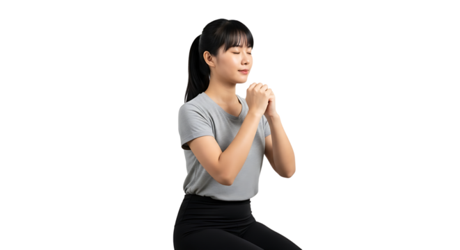 Meditating Woman Sitting with Hands Together on Isolated Background