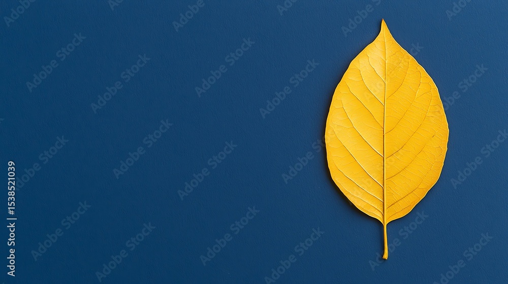 Poster a single yellow leaf with visible veins is positioned on a textured blue background, creating a vibr
