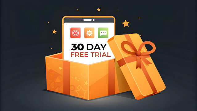 free trial 30 day vector showcasing a holographic amber gift box revealing a finance app, ultra-clean minimalist design, vibrant orange tones, sharp vector style, faint black background - Powered by Adobe