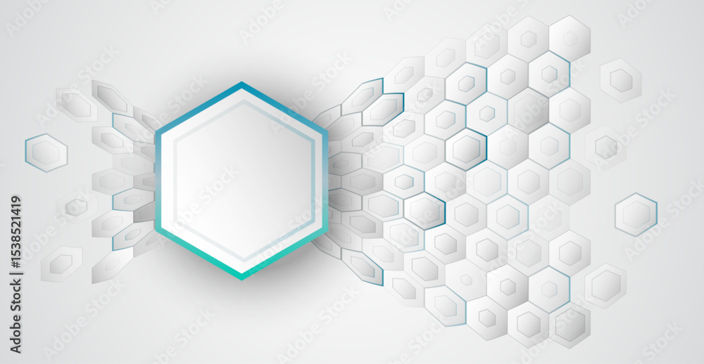 Aufkleber Abstract background with 3D hexagons and a central hexagonal frame for text. Futuristic gray design, perfect for technical, scientific or medical presentations and banners.