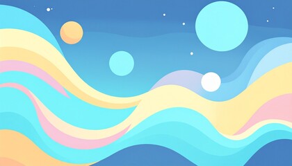 Soft pastel planets over flowing waves in a calm blue sky